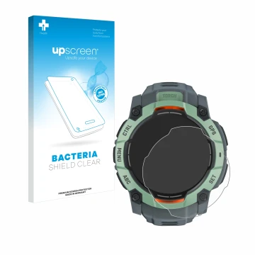 Front side of a product packaging with the brand logo upscreen. Next to it is the device Garmin Instinct 3 AMOLED (45 mm) show