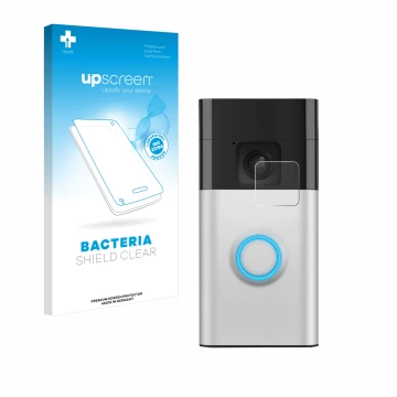 Front side of a product packaging with the brand logo upscreen. Next to it is the device Ring Battery Video Doorbell shown wit