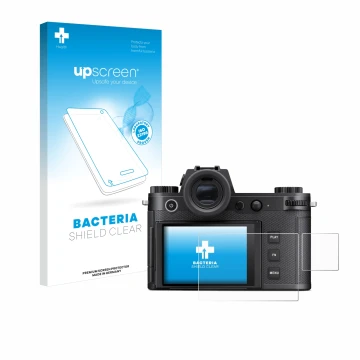 Front side of a product packaging with the brand logo upscreen. Next to it is the device Leica SL3-S (Display + top plate disp