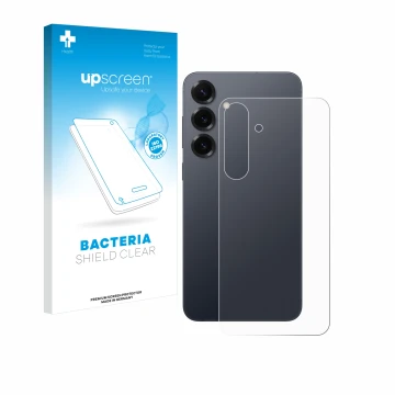 Front side of a product packaging with the brand logo upscreen. Next to it is the device Samsung Galaxy S25 Plus (Back) shown 
