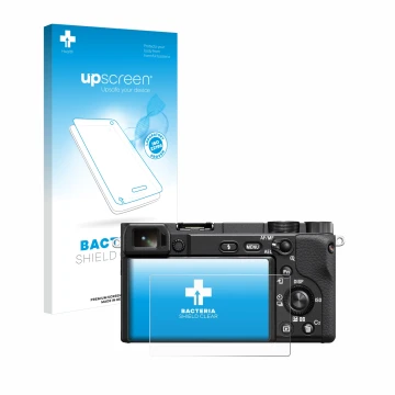Front side of a product packaging with the brand logo upscreen. Next to it is the device Sony Alpha 6100A shown with the corre