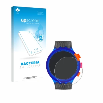 Front side of a product packaging with the brand logo upscreen. Next to it is the device Swatch Neon Party shown with the corr