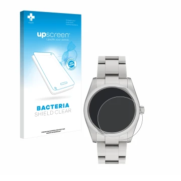 Front side of a product packaging with the brand logo upscreen. Next to it is the device Rolex Oyster Perpetual 34 shown with 