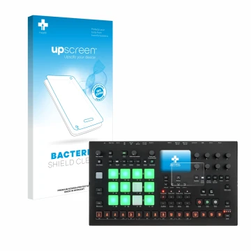 Front side of a product packaging with the brand logo upscreen. Next to it is the device Elektron Analog Rytm MKII shown with 