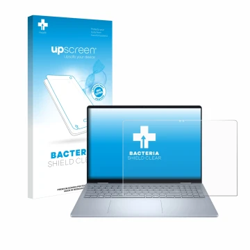 Front side of a product packaging with the brand logo upscreen. Next to it is the device Dell 16 Plus-2-in-1 shown with the co