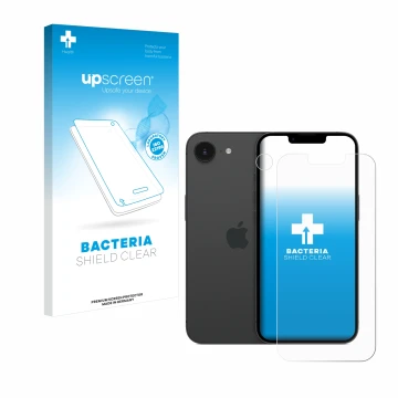 Front side of a product packaging with the brand logo upscreen. Next to it is the device Apple iPhone 16e (Front+Camera) shown