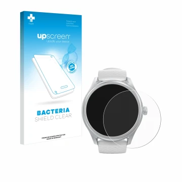 Front side of a product packaging with the brand logo upscreen. Next to it is the device Hama Smartwatch 5010 shown with the c
