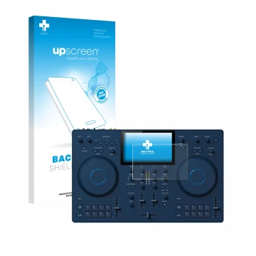 Front side of a product packaging with the brand logo upscreen. Next to it is the device AlphaTheta OMNIS-Duo (Jog) shown with