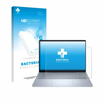 Front side of a product packaging with the brand logo upscreen. Next to it is the device Dell 14 Plus 2-in-1 shown with the co