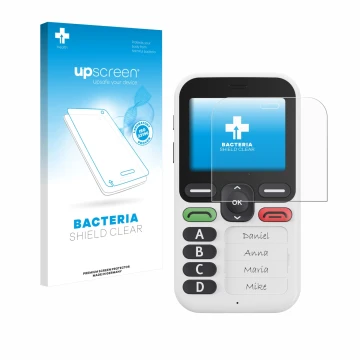 Front side of a product packaging with the brand logo upscreen. Next to it is the device Doro Leva X10 shown with the correspo
