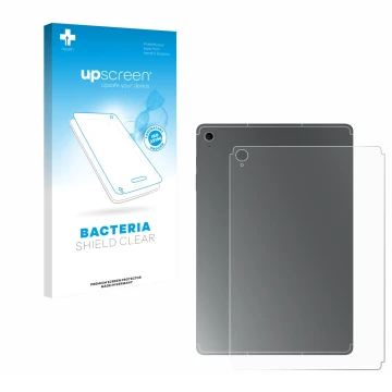 Front side of a product packaging with the brand logo upscreen. Next to it is the device Samsung Galaxy Tab S10 FE+ (Back) sho