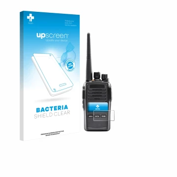 Front side of a product packaging with the brand logo upscreen. Next to it is the device Midland G18 Pro PMR shown with the co