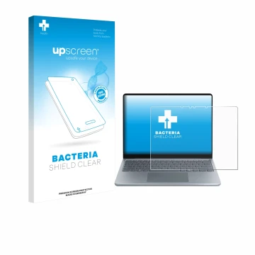 Front side of a product packaging with the brand logo upscreen. Next to it is the device Microsoft Surface Laptop 13