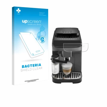 Front side of a product packaging with the brand logo upscreen. Next to it is the device DeLonghi Magnifica Evo shown with the