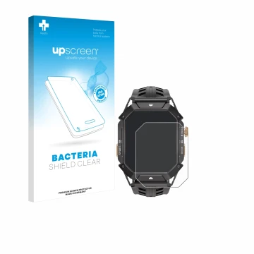 Front side of a product packaging with the brand logo upscreen. Next to it is the device Oukitel BT80 shown with the correspon