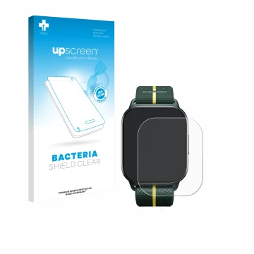 Front side of a product packaging with the brand logo upscreen. Next to it is the device Motorola Moto watch fit shown with th