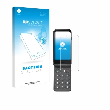 Front side of a product packaging with the brand logo upscreen. Next to it is the device Doro Aurora A20 shown with the corres