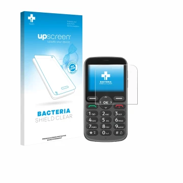 Front side of a product packaging with the brand logo upscreen. Next to it is the device Doro 1380 shown with the correspondin