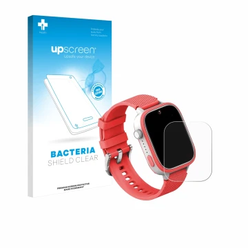 Front side of a product packaging with the brand logo upscreen. Next to it is the device AngelTech Kids Smartwatch Ultra 1.83