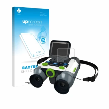 Front side of a product packaging with the brand logo upscreen. Next to it is the device Vtech Interactive Video Binoculars sh