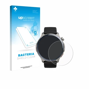 Front side of a product packaging with the brand logo upscreen. Next to it is the device Huami Amazfit Balance 2 shown with th