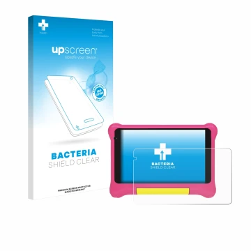 Front side of a product packaging with the brand logo upscreen. Next to it is the device Happybe Kids Tablet 7