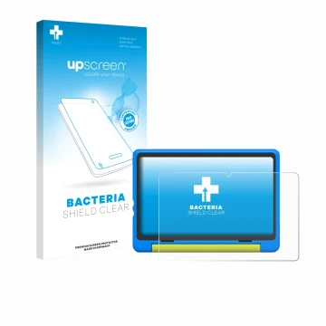 Front side of a product packaging with the brand logo upscreen. Next to it is the device Happybe Kids Tablet 10