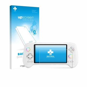 Front side of a product packaging with the brand logo upscreen. Next to it is the device Anbernic RG556 shown with the corresp