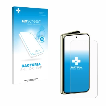 Front side of a product packaging with the brand logo upscreen. Next to it is the device Google Pixel 10 Pro Fold shown with t