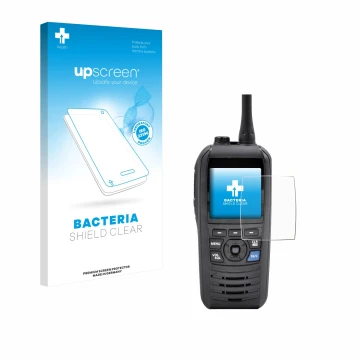 Front side of a product packaging with the brand logo upscreen. Next to it is the device Icom IC-M94D shown with the correspon