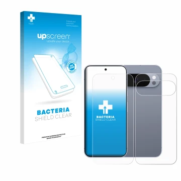 Front side of a product packaging with the brand logo upscreen. Next to it is the device Google Pixel 10 Pro (Front+Back) show