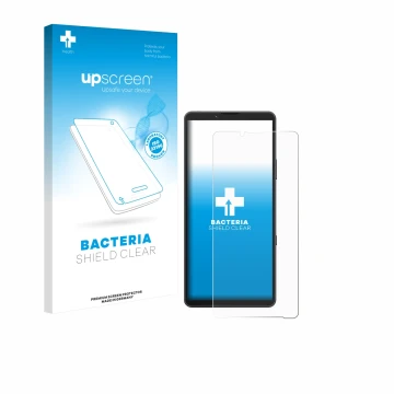 Front side of a product packaging with the brand logo upscreen. Next to it is the device Sony Xperia 10 VII shown with the cor