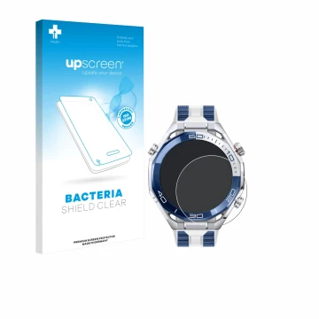 Front side of a product packaging with the brand logo upscreen. Next to it is the device Huawei Watch Ultimate 2 Blue shown wi