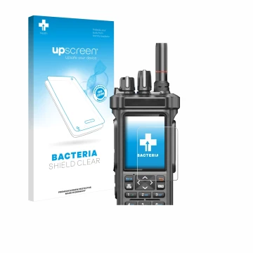 Front side of a product packaging with the brand logo upscreen. Next to it is the device Radtel RT-950 Pro shown with the corr