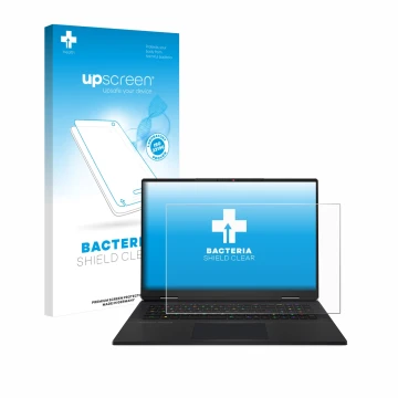 Front side of a product packaging with the brand logo upscreen. Next to it is the device MSI Titan 18 HX AI 2025 shown with th