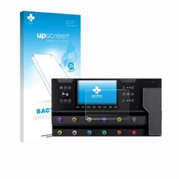 Front side of a product packaging with the brand logo upscreen. Next to it is the device Line 6 Helix Stadium XL shown with th