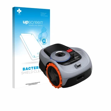 Front side of a product packaging with the brand logo upscreen. Next to it is the device Navimow i105E+ shown with the corresp