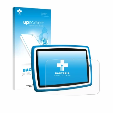 Front side of a product packaging with the brand logo upscreen. Next to it is the device Lisciani Mio Tab 10 Tutor XL shown wi