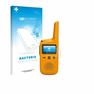 Front side of a product packaging with the brand logo upscreen. Next to it is the device Motorola Talkabout T72 shown with the