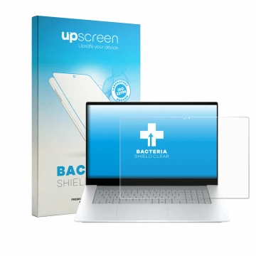 Front side of a product packaging with the brand logo upscreen. Next to it is the device HP OmniBook X 17-de0776ngx shown with
