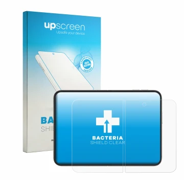 Front side of a product packaging with the brand logo upscreen. Next to it is the device Apple iPhone Duo (Inner display) show