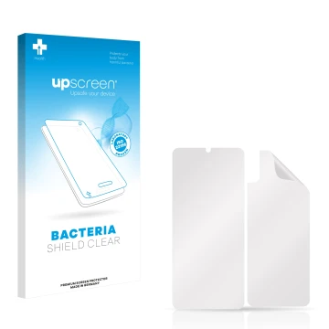 Front side of a product packaging with the brand logo upscreen. Next to it is the corresponding screen protector.