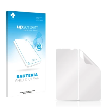 Front side of a product packaging with the brand logo upscreen. Next to it is the corresponding screen protector.