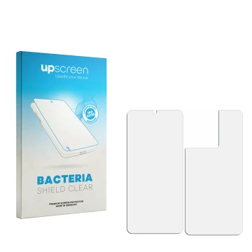 Front side of a product packaging with the brand logo upscreen. Next to it is the corresponding screen protector.