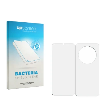 Front side of a product packaging with the brand logo upscreen. Next to it is the corresponding screen protector.
