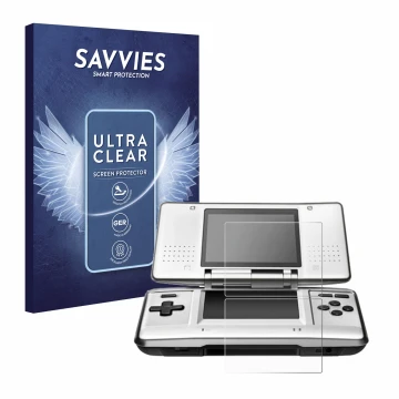 Front side of a product packaging with the brand logo Savvies. Next to it is the device Nintendo DS shown with the correspondi
