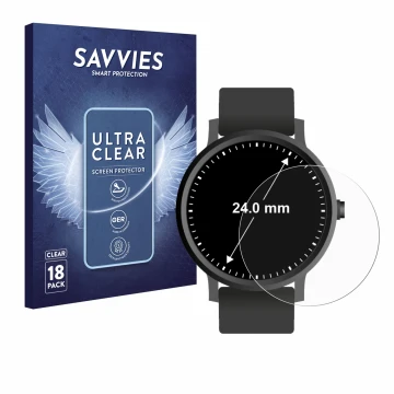 Front side of a product packaging with the brand logo Savvies. Next to it is the device Watches (Circular, ø: 24 mm) shown wit