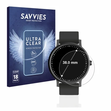 Front side of a product packaging with the brand logo Savvies. Next to it is the device Watches (Circular, ø: 38 mm) shown wit