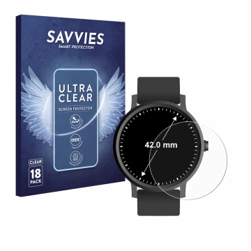 Front side of a product packaging with the brand logo Savvies. Next to it is the device Watches (Circular, ø: 42 mm) shown wit