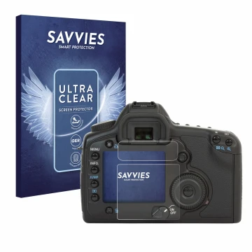 Front side of a product packaging with the brand logo Savvies. Next to it is the device Canon EOS 5D shown with the correspond